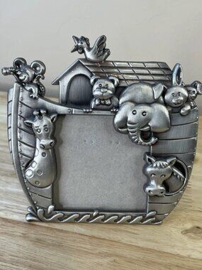 Vintage Kenrich Metal Works Noah's Ark Pewter Baby Picture Frame 3x3 Animal